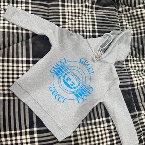 Gucci Light Gray Hoodie with Bright Blue Logo